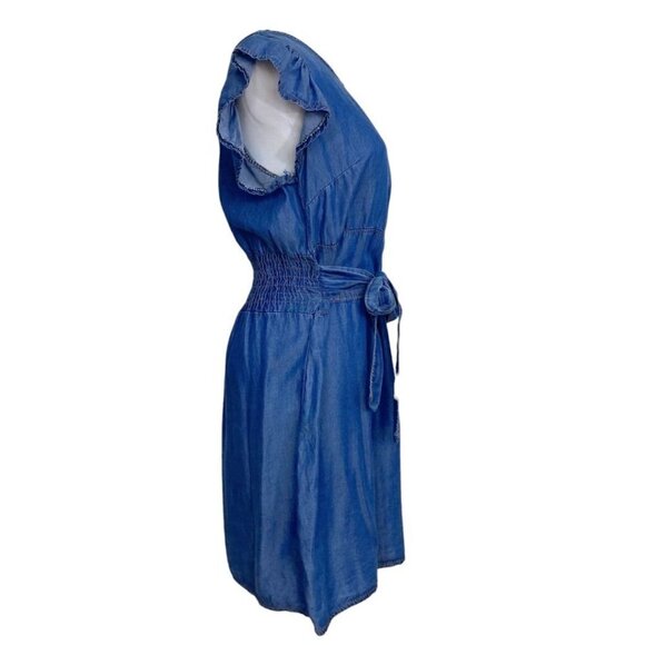 NEW COLLECTION MADE IN ITALY BLUE DENIM RUFFLE CAP SLEEVE WAIST TIE MINI DRESS - Picture 2 of 8